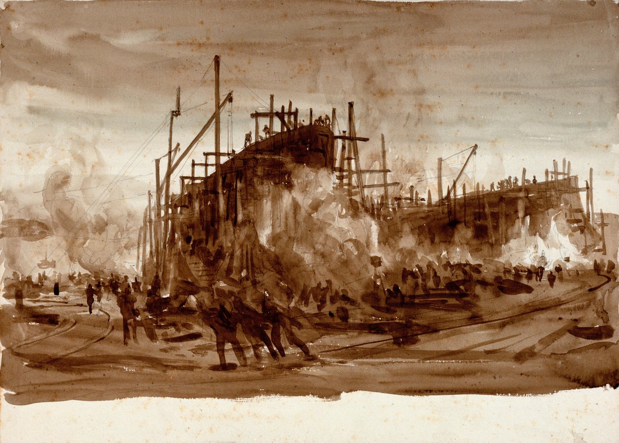 Navios de ferro nos stocks, c.1910 (lavagem a castanho) de William Lionel Wyllie