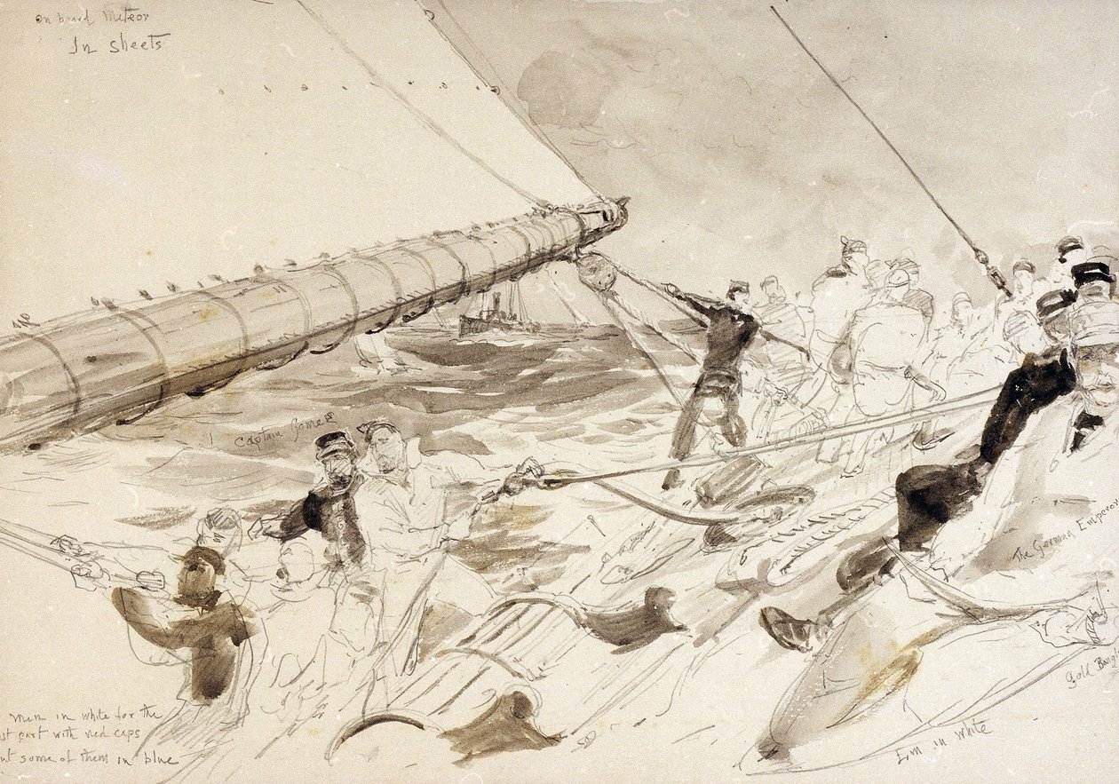 A bordo do iate imperial alemão "Meteor" (1902), com os nomes dos tripulantes, incluindo o imperador alemão (Kaizer) Wilhelm II (William II) (1859-1941), à direita de William Lionel Wyllie