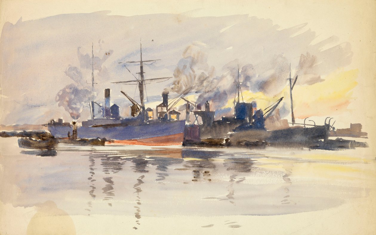 Esboço de navios mercantes no porto, final do século XIX e início do século XX (aguarela) de William Lionel Wyllie