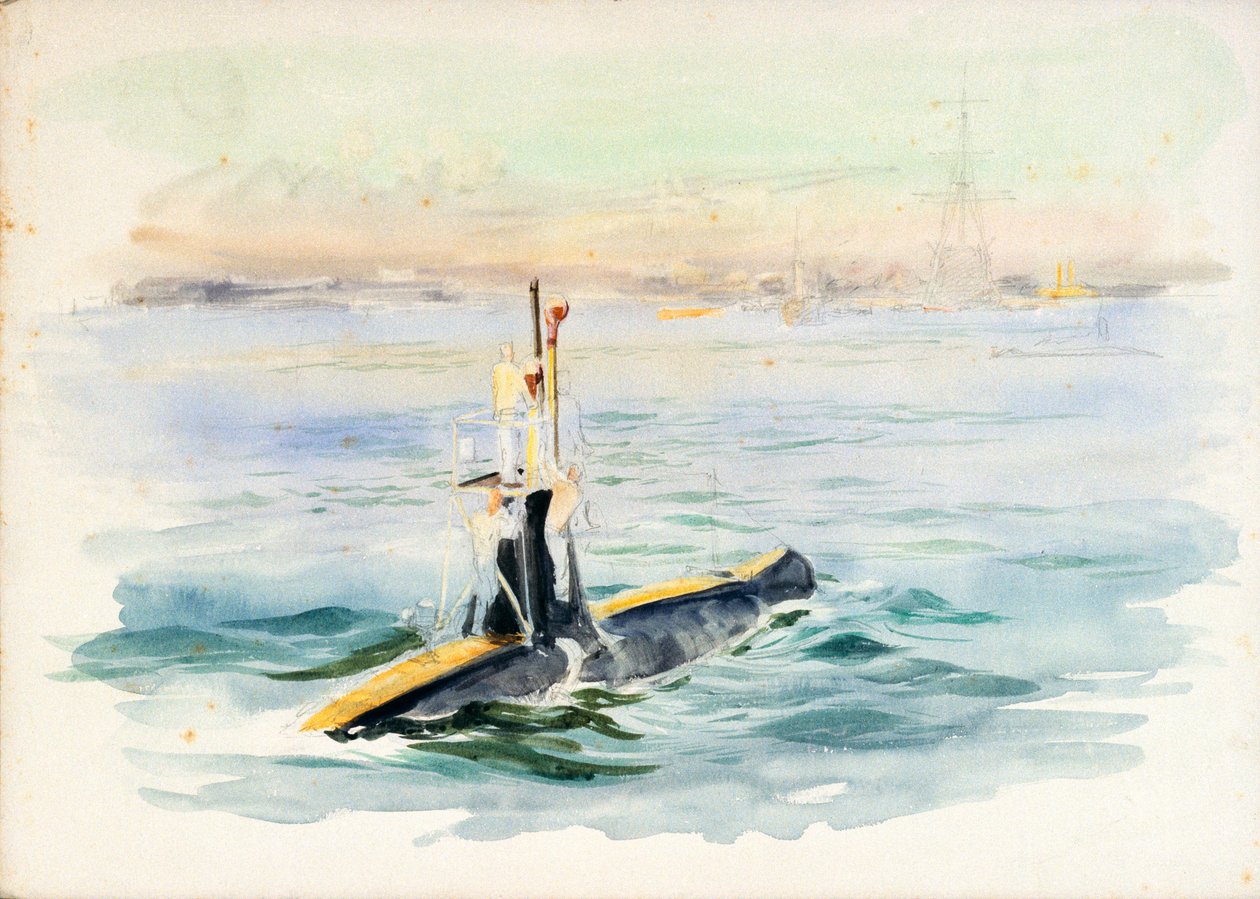 Estudo de um submarino de classe A a navegar, possivelmente no porto de Portsmouth, início do século XX (aguarela, grafite) de William Lionel Wyllie