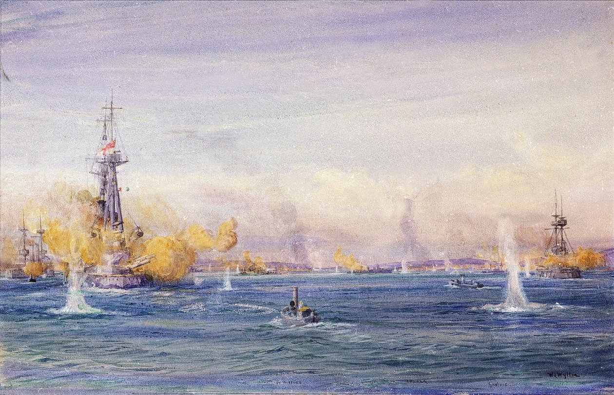 A Batalha dos Dardanelos (1915) (Turquia), durante a campanha de Gallipoli, no Mar de Mármara. Aguarela, cerca de 1915, de William Lionel Wyllie (1851-1931). de William Lionel Wyllie