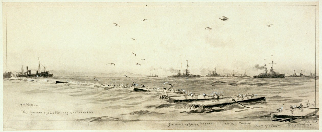 A frota alemã de alto mar encurralada em Scapa, c.1918 (lavagem, cinzento, realçado com branco) de William Lionel Wyllie