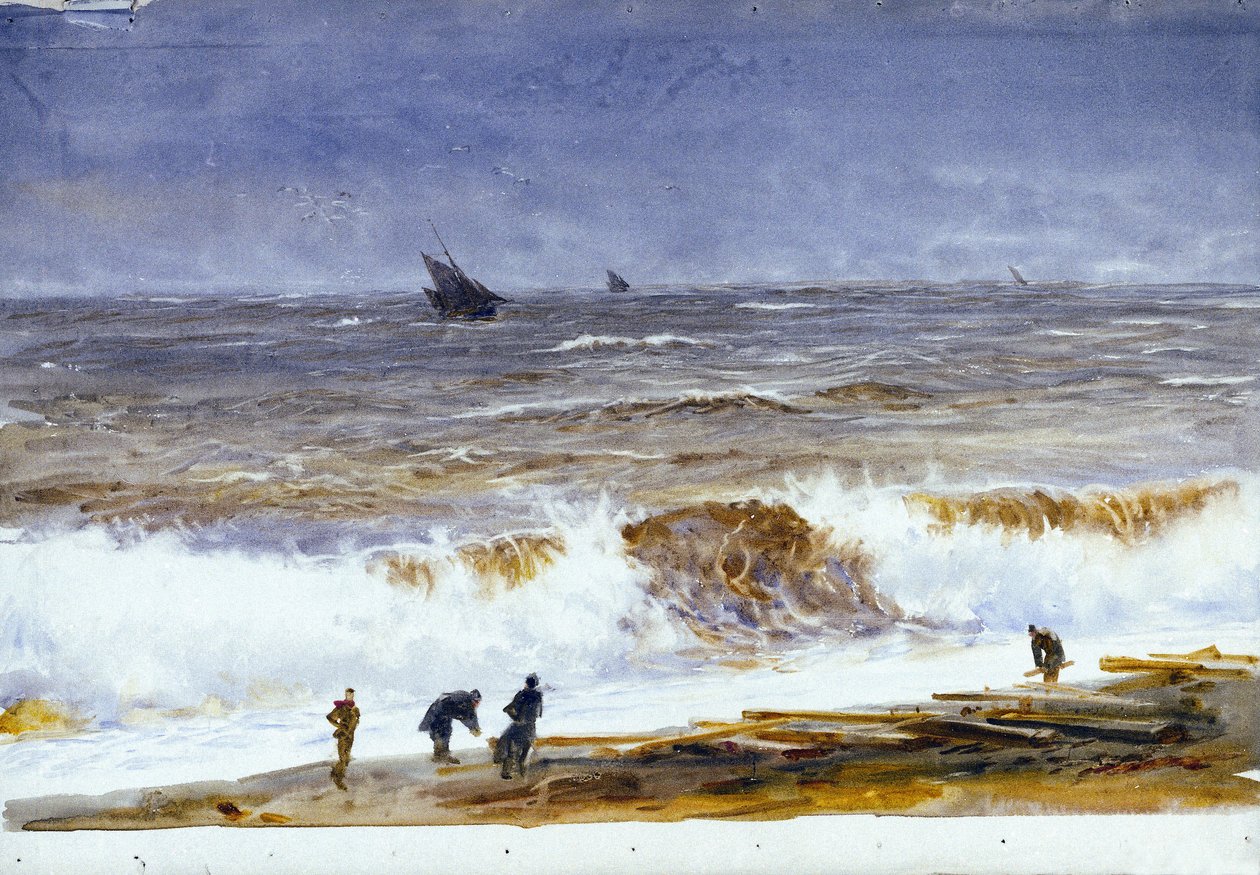 A praia de Berck sur mer (Berck-sur-Mer) (França), com mares turbulentos e personagens na praia. Aguarela, depois de 1890, de William Lionel Wyllie (1851-1931). de William Lionel Wyllie