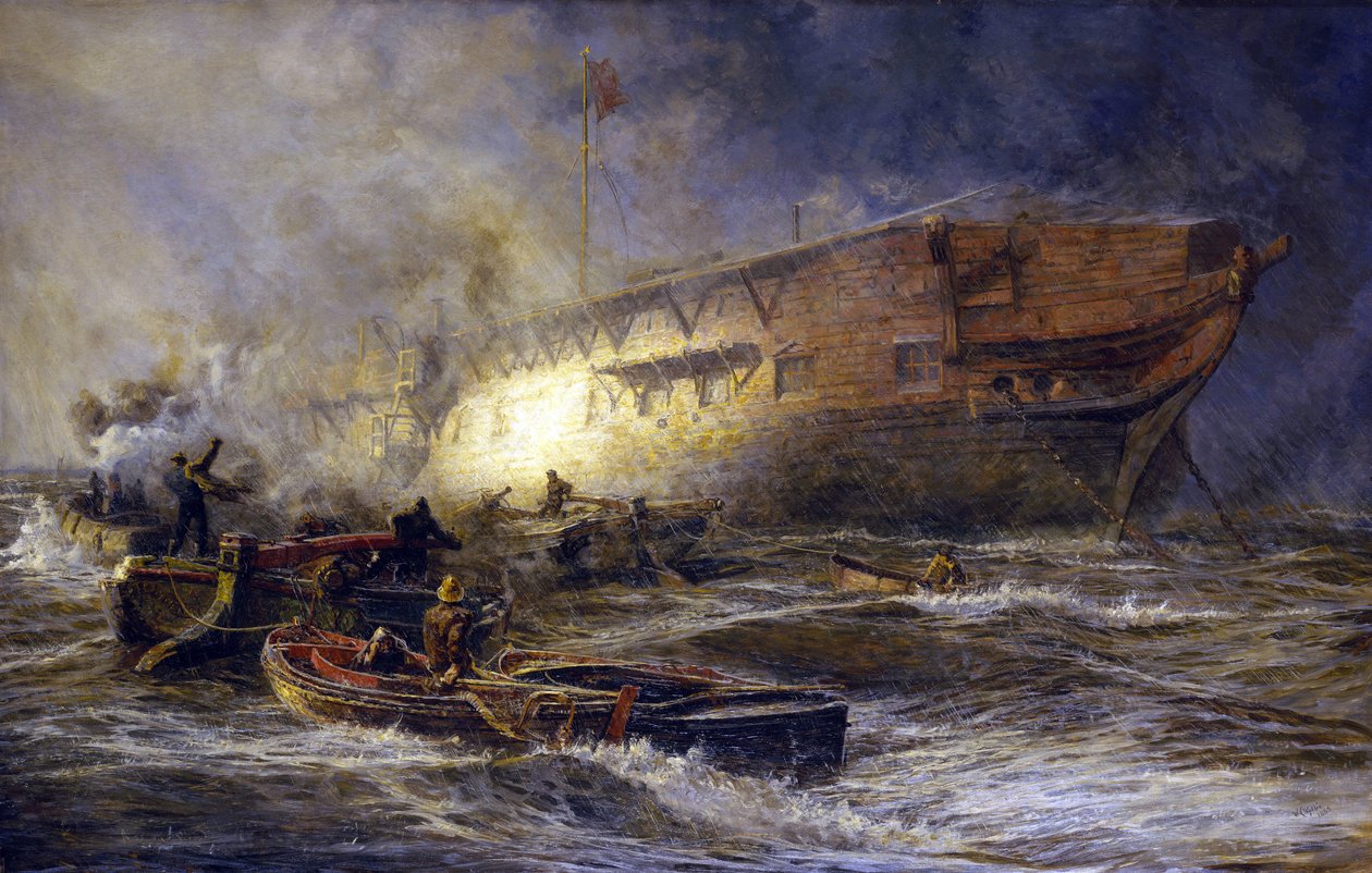 A fragata "Leonidas", ancorada perto de Upnor no Medway (Inglaterra), manobra contra a tempestade e o sol. Óleo sobre tela de William Lionel Wyllie