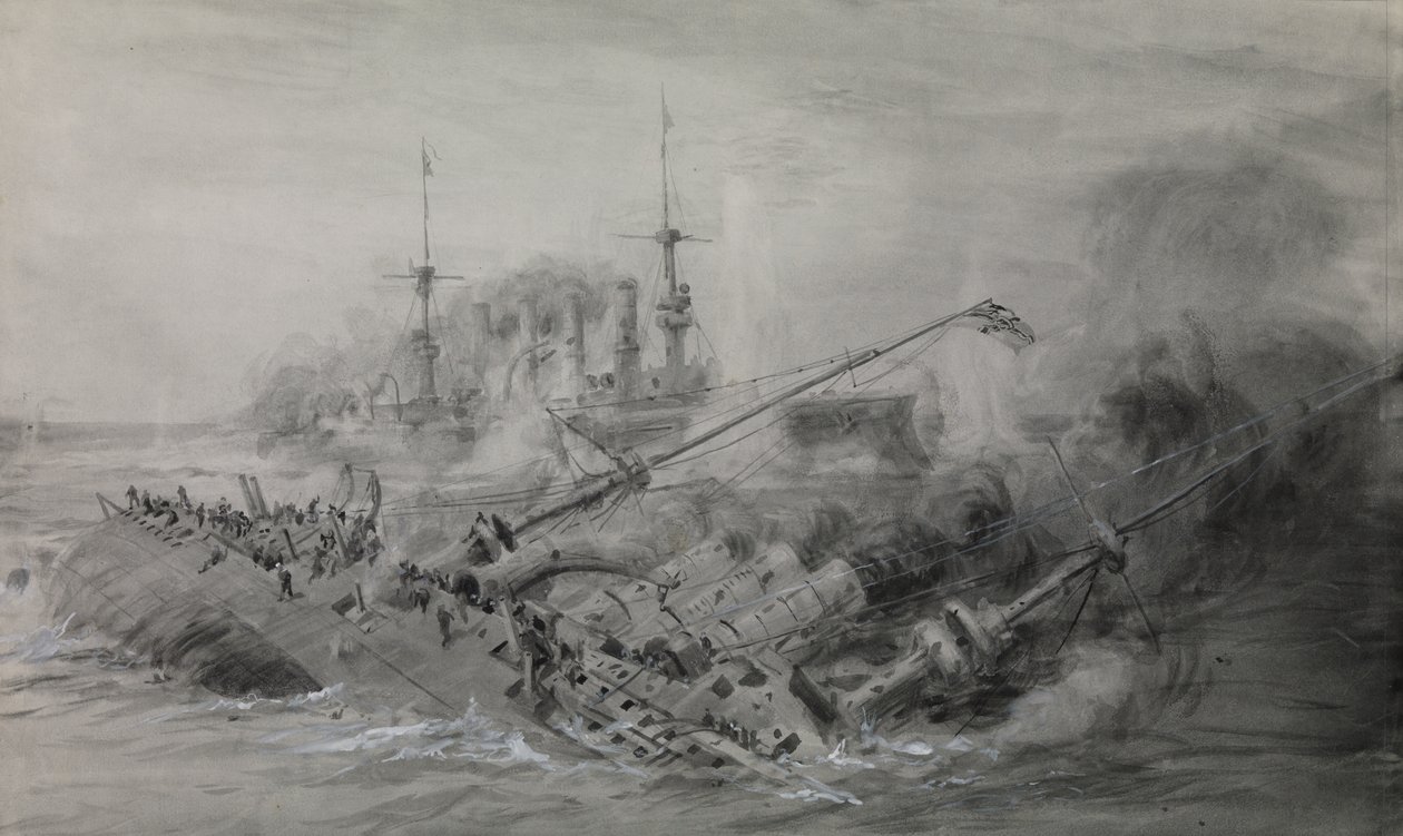 O último "Scharnhorst" e o "Gneisenau"; Batalha das Ilhas Falkland, 8 de dezembro de 1914, cerca das 16.15, c.1915-18 (aguada, cinzento, realçado com branco) de William Lionel Wyllie