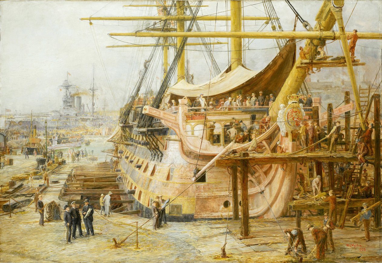 O restauro do HMS "Victory", na bacia das docas de Portsmouth (Inglaterra), após o lançamento de uma grande operação de financiamento nacional para salvar o navio da vitória de Trafalgar (1805), o navio foi devolvido à água em abril de 1925 de William Lionel Wyllie