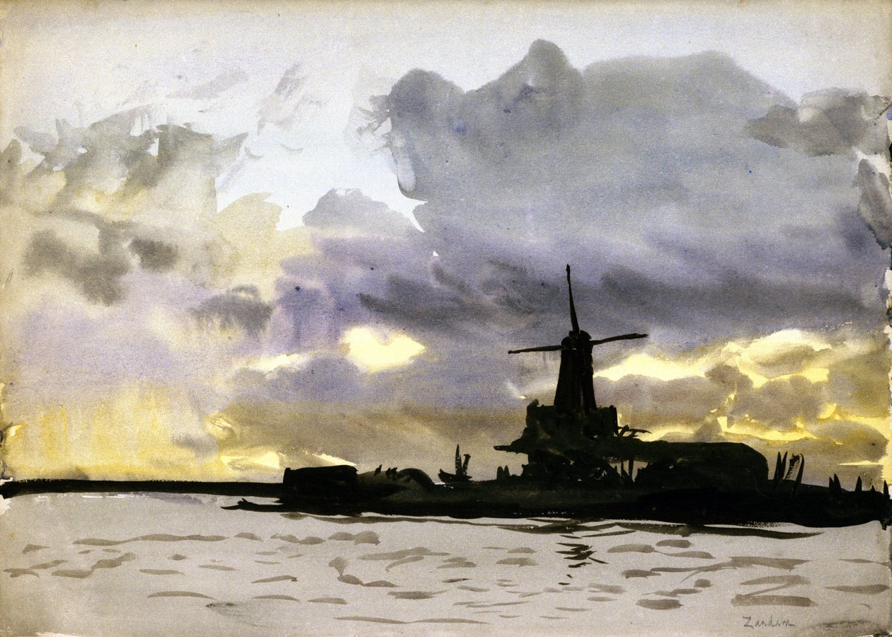 O moinho de vento em Zaandam, a norte de Amesterdão (Países Baixos). Aguarela de William Lionel Wyllie