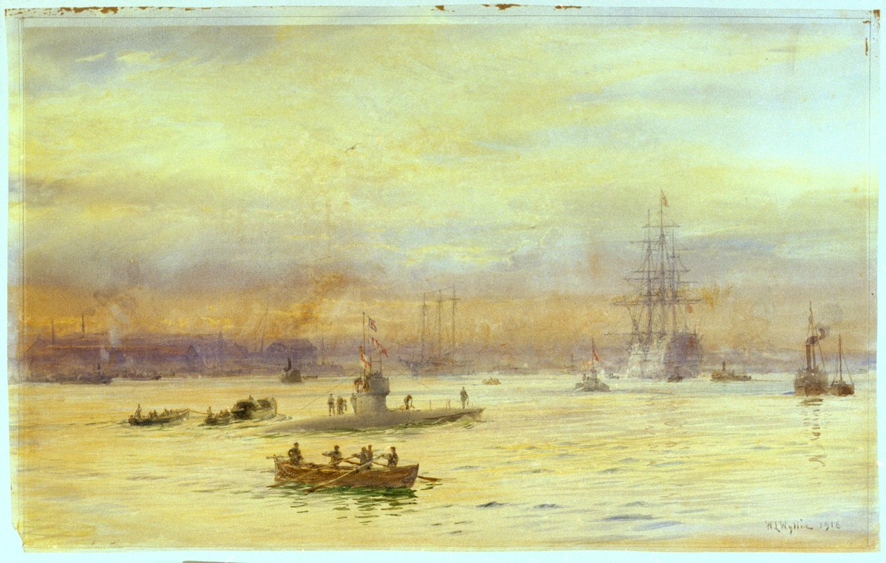 Esta vista olha para o porto do lado de Gosport, onde um submarino está a entrar, com outro à sua frente. de William Lionel Wyllie