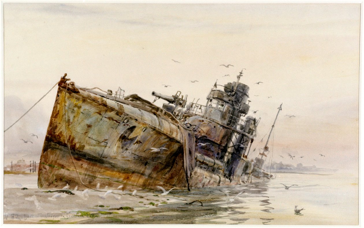 "Destruidor alemão V82 no lago das fontes", c.1920-22 (aguarela) de William Lionel Wyllie