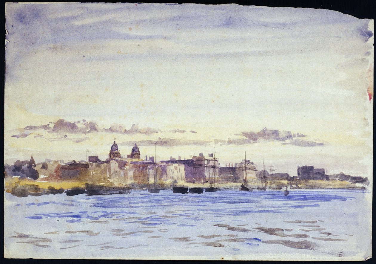 Vista do Royal Naval College, em Greenwich (Inglaterra), sobre o Tamisa, ao pôr do sol, tirada de Blackwall (margem oposta). Aguarela, início do século XX, de William Lionel Wyllie (1851-1931). de William Lionel Wyllie