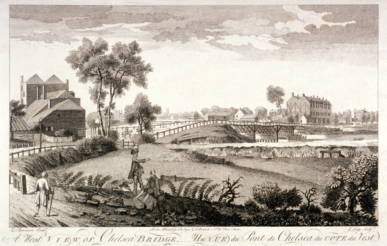 Vista oeste de Chelsea Bridge, Londres, c1760 de William Lodge