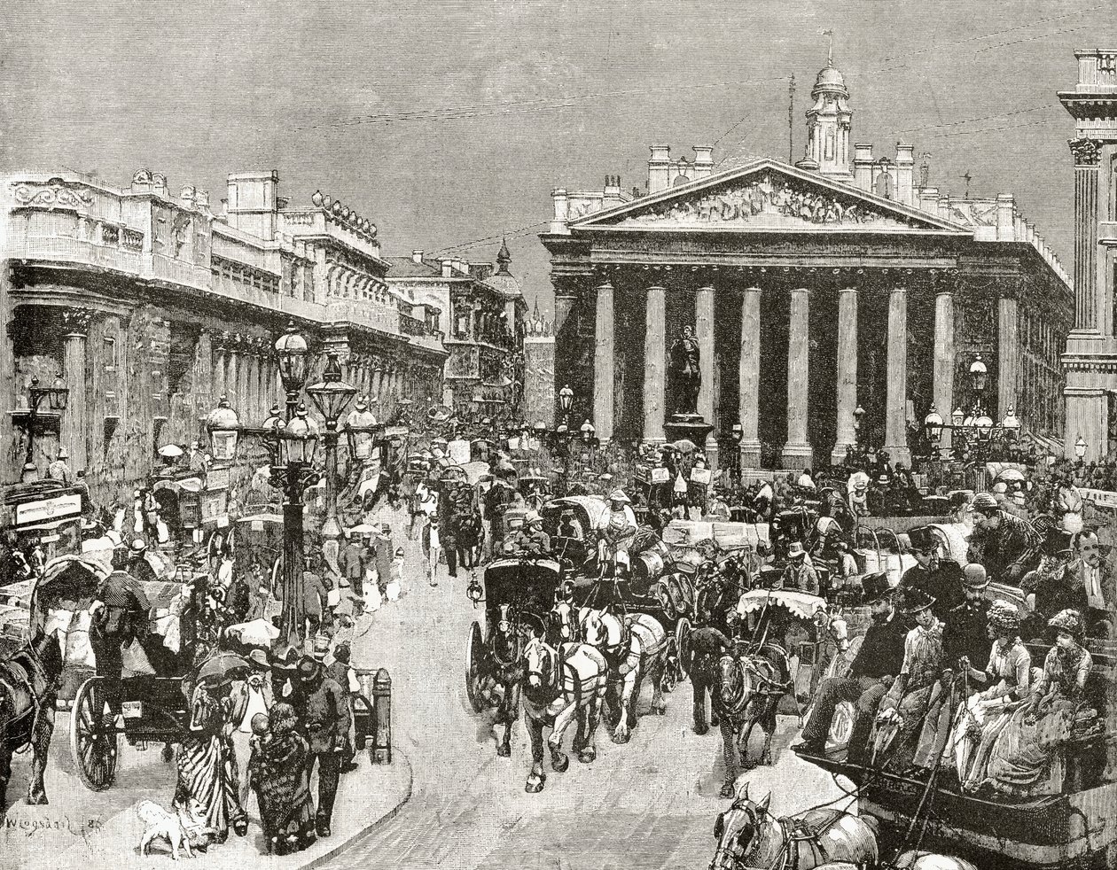 O Banco da Inglaterra e o Royal Exchange no século XIX, de "London Pictures: Drawn with Pen and Pencil", do Rev. Richard Lovett, publicado em 1890 de William Logsdail