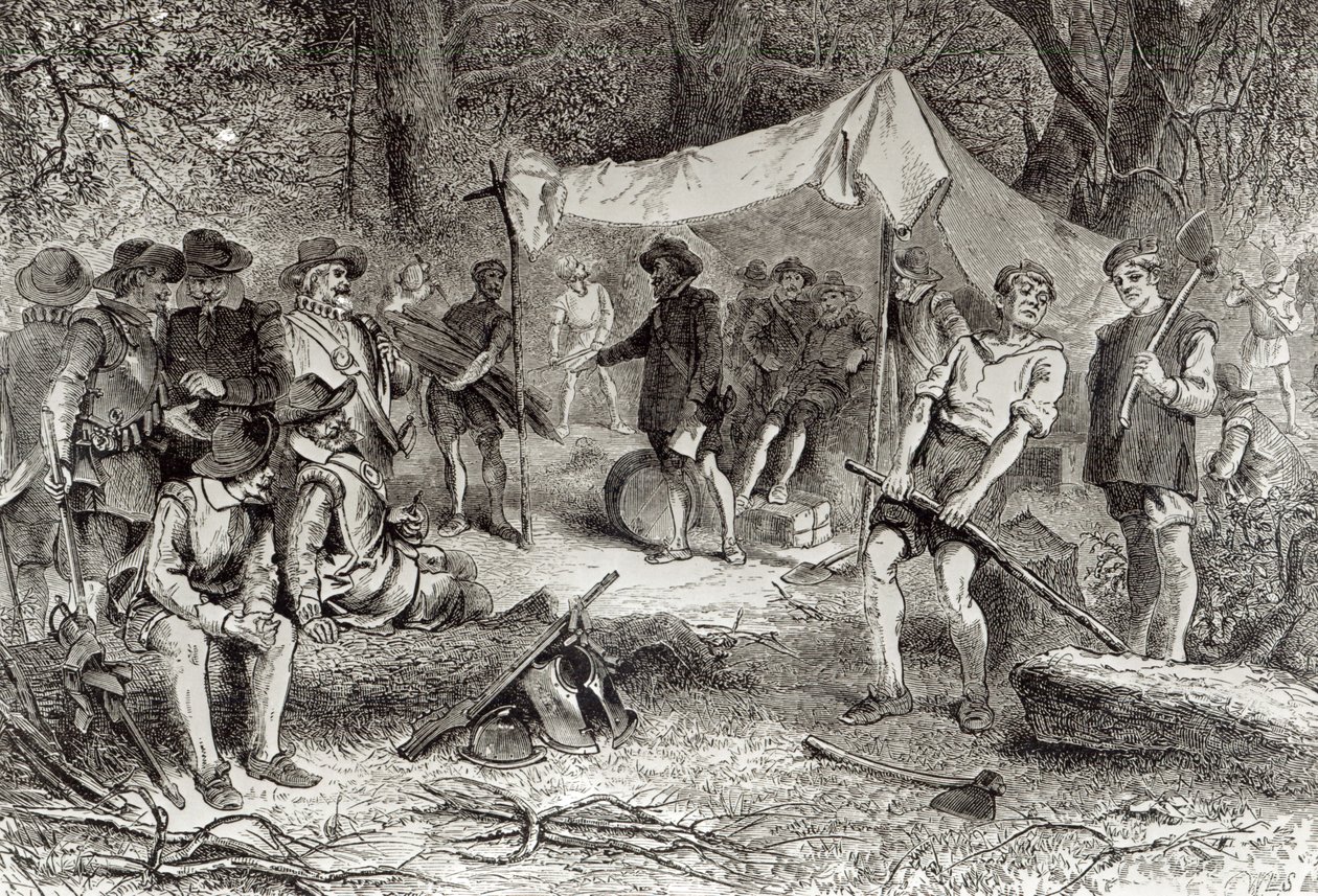 O Primeiro Dia em Jamestown, 14 de maio de 1607, de "O Romance e a Tragédia da Vida Pioneira", de Augustus L. Mason, 1883 (gravura) (foto bundw) de William Ludlow Sheppard