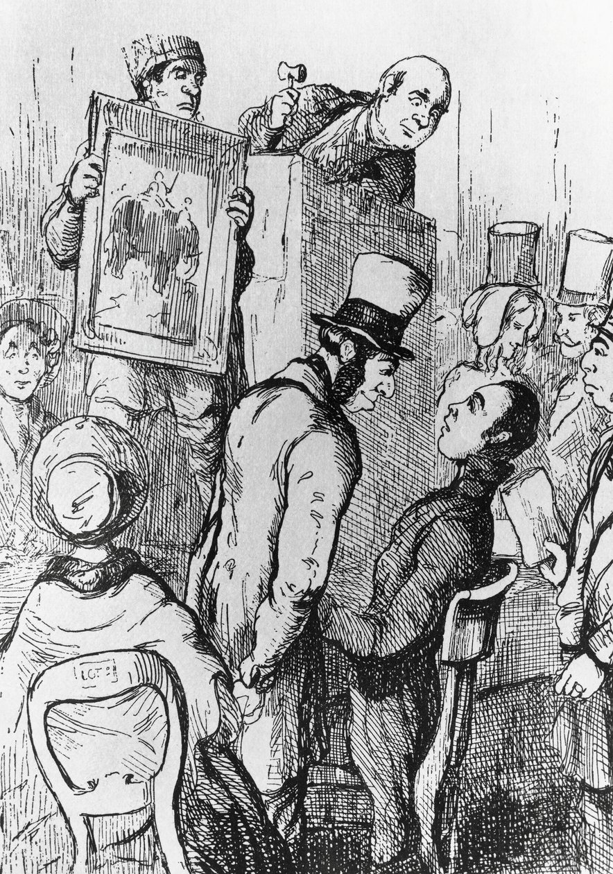 Elephant for Sale, ilustração para o 17º capítulo da Vanity Fair, romance de William Makepeace Thackeray (1811-1863), gravura após desenho de William Makepeace Thackeray (1811-1863), publicado em Chicago em 1882 de William Makepeace Thackeray