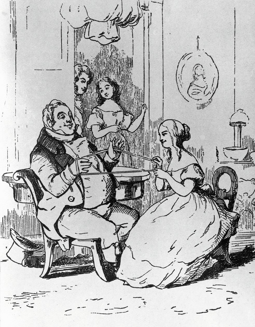 Sr. Joseph Sedley enredado por Becky Sharp, ilustração para o 1º capítulo da Vanity Fair, romance de William Makepeace Thackeray (1811-1863), gravura após desenho de William Makepeace Thackeray (1811-1863), publicado em Chicago em 1882 de William Makepeace Thackeray