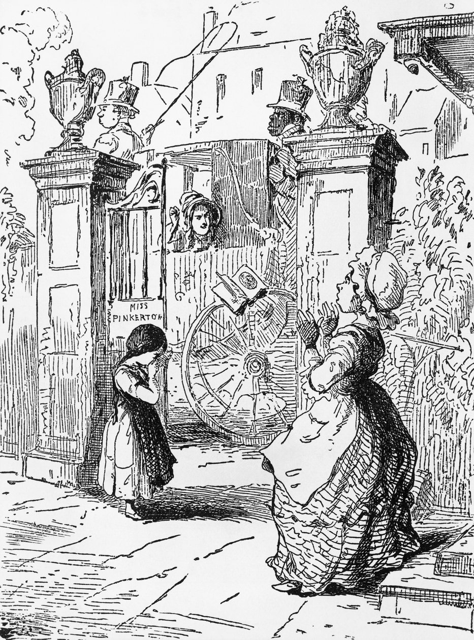 Adeus de Rebecca, Capítulo I, ilustração para a Vanity Fair, romance de William Makepeace Thackeray (1811-1863), gravura após desenho de William Makepeace Thackeray (1811-1863), publicado em 1882, Chicago de William Makepeace Thackeray