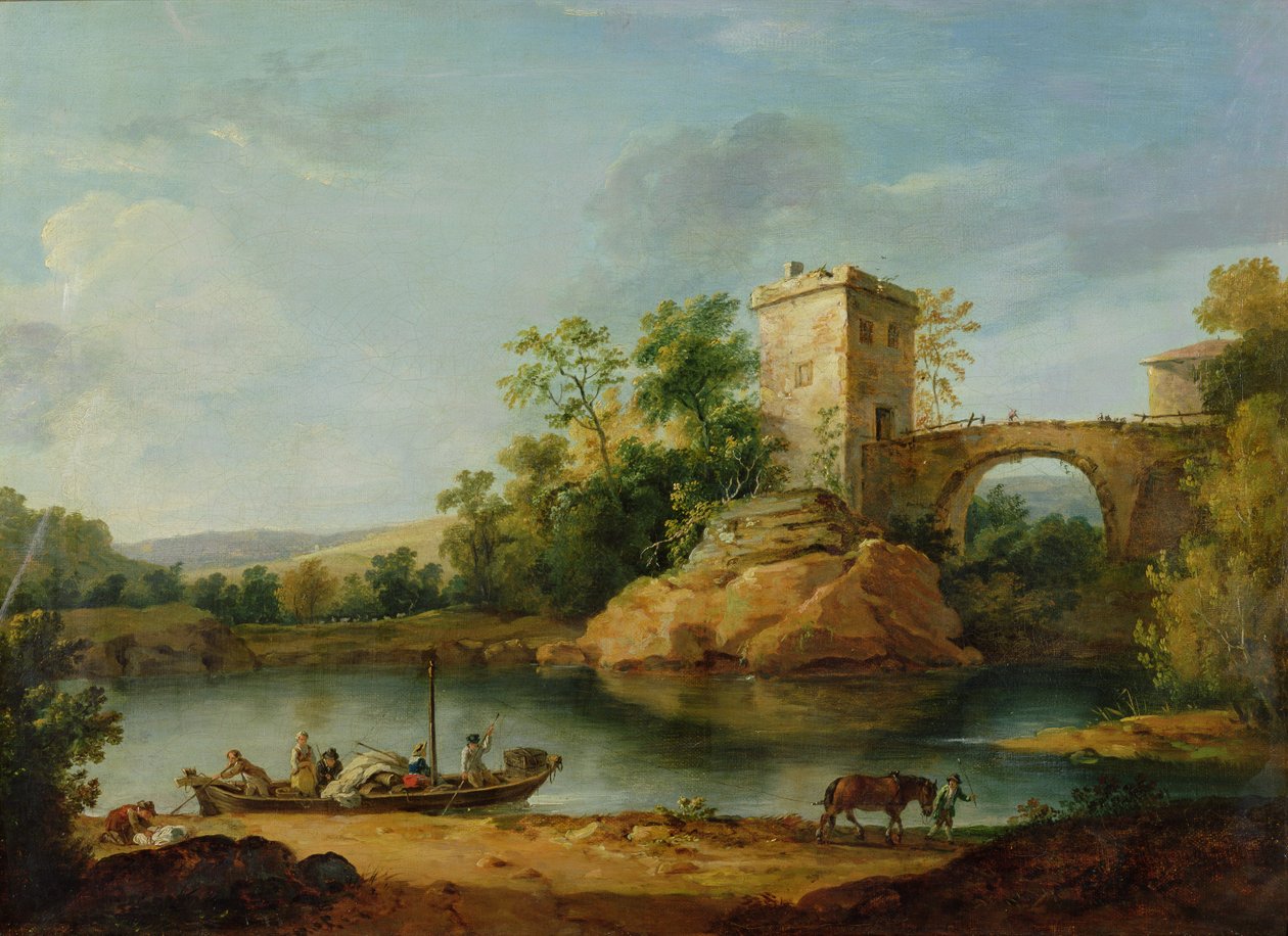 A Wooded Italianate River Landscape with Peasants in a Barge and a Bridge Beyond, c.1770 (aguarela) de William Marlow