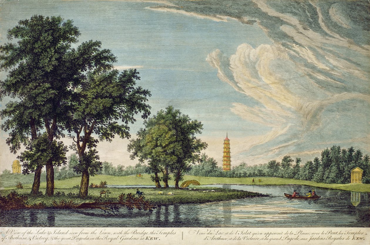 Kew, A View of the Lake and Island vista do relvado, com a Ponte, os Templos de Arethusa e Victory e o Grande Pagode nos Jardins Reais de Kew de William Marlow