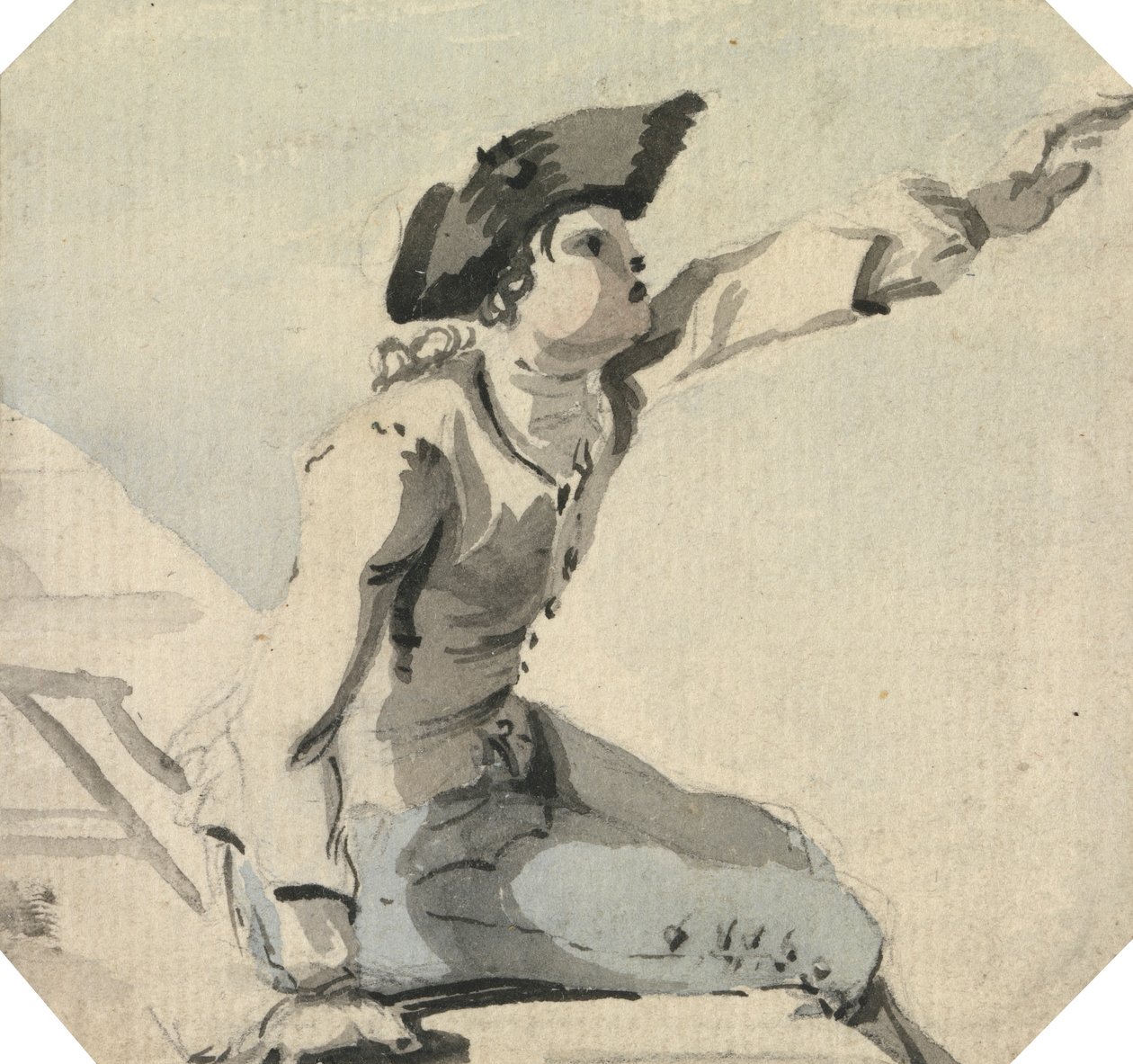 O homem sentado num parapeito a abanar o seu braço esquerdo de William Marlow