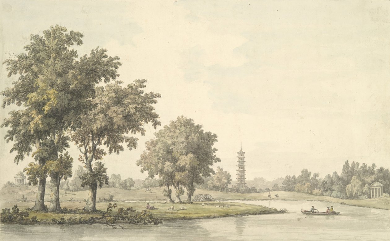 Vista do lago e da ilha desde o relvado de Kew, 1763. de William Marlow
