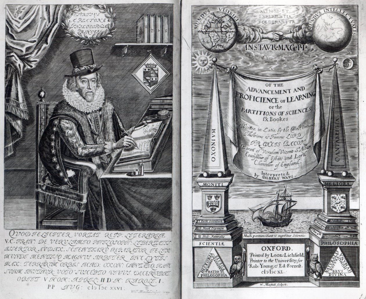 Frontispício e título da "Instauratio Magna" de Francis Bacon, 1640 de William Marshall