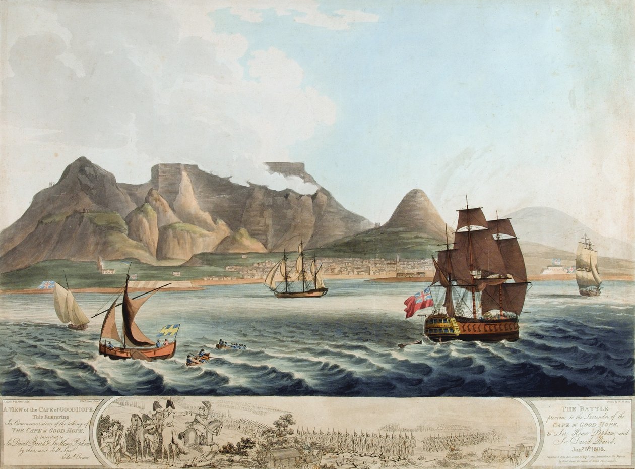 Uma visão do cabo da boa esperança ... A batalha anterior à rendição ... 8 de janeiro de 1806 (aquatinta colorida) de William Marshall Craig