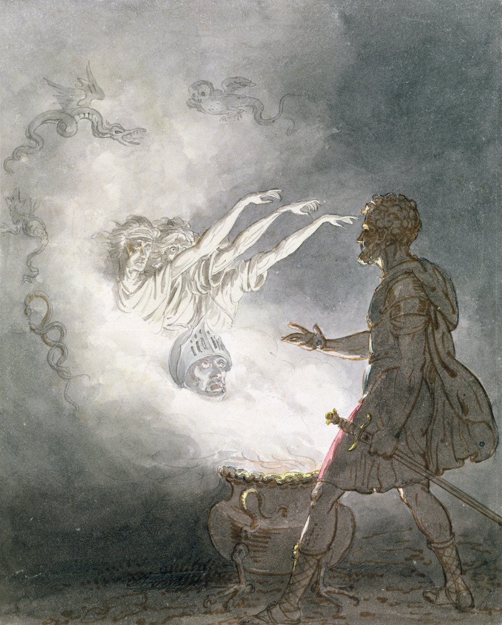 Macbeth e a aparição da cabeça armada, ato IV, cena I, de &39;Macbeth&39;, por William Shakespeare (1564-1616) c.1820 (wc, lavar, caneta e tinta no papel) de William Marshall Craig