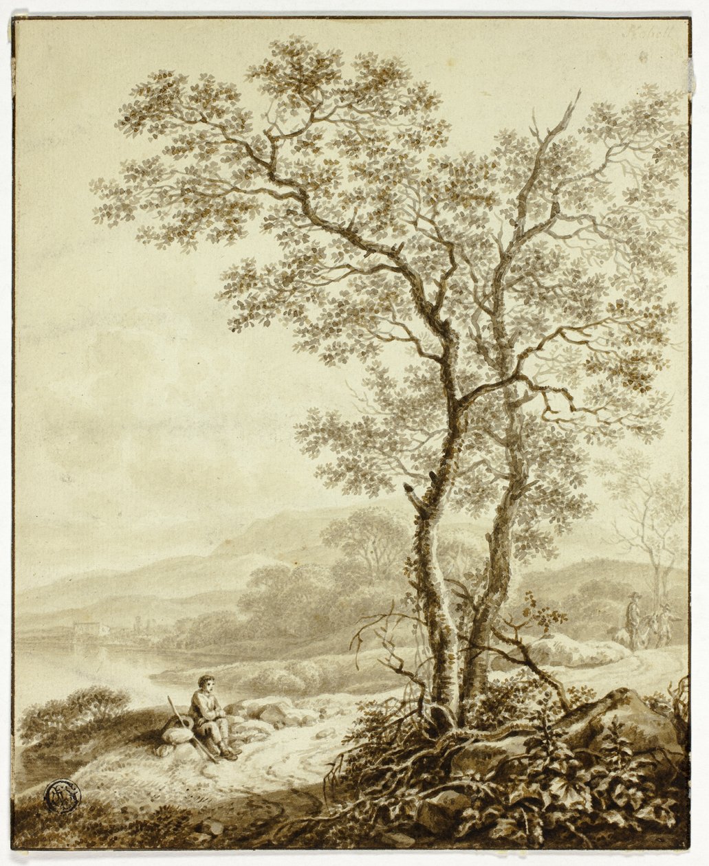 Estrada sinuosa junto ao lago, com uma grande árvore e um viajante em repouso em primeiro plano de William Marshall Craig