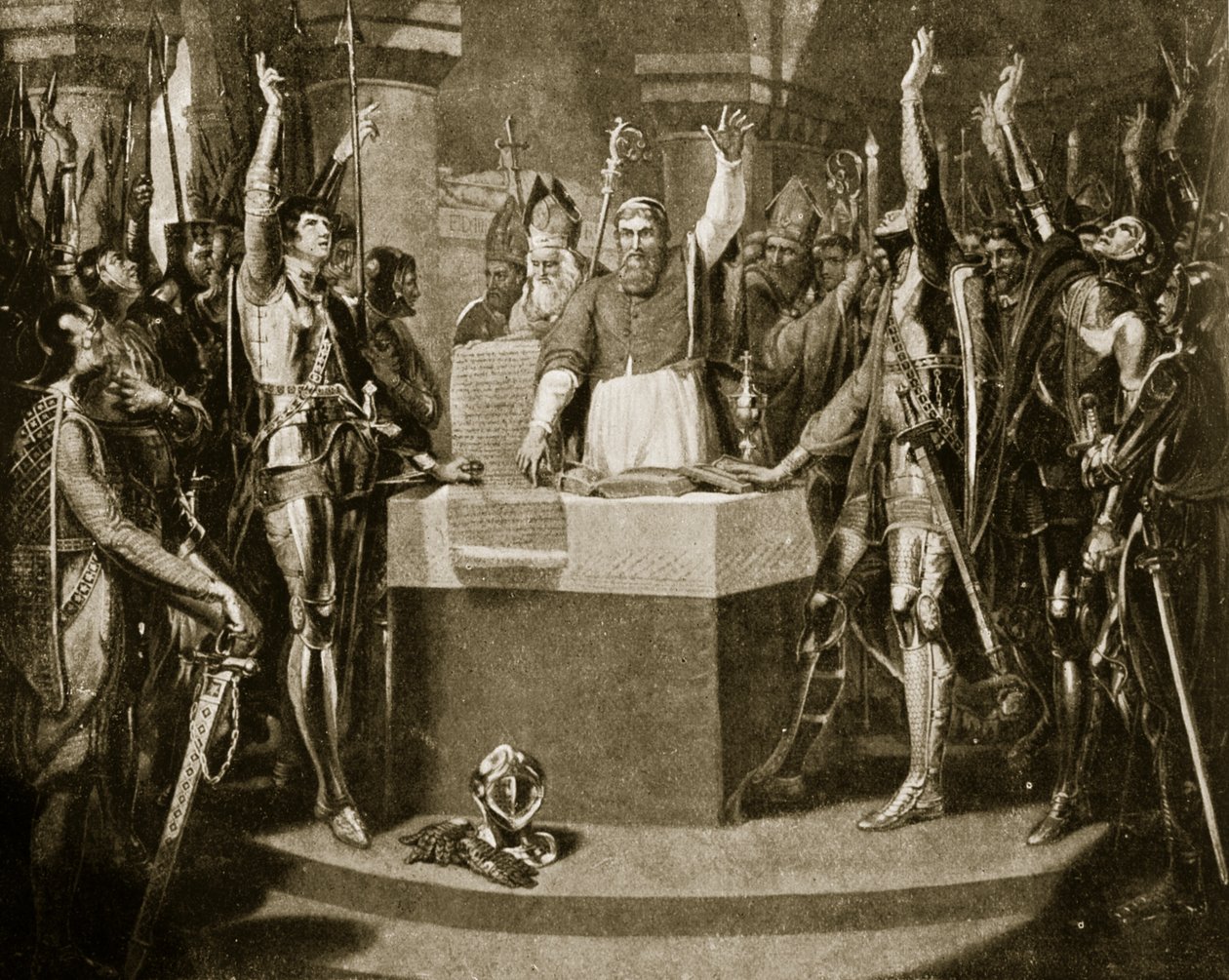O juramento dos barões, 1214, ilustração de Hutchinsons História da nação britânica, c.1920 de William Martin