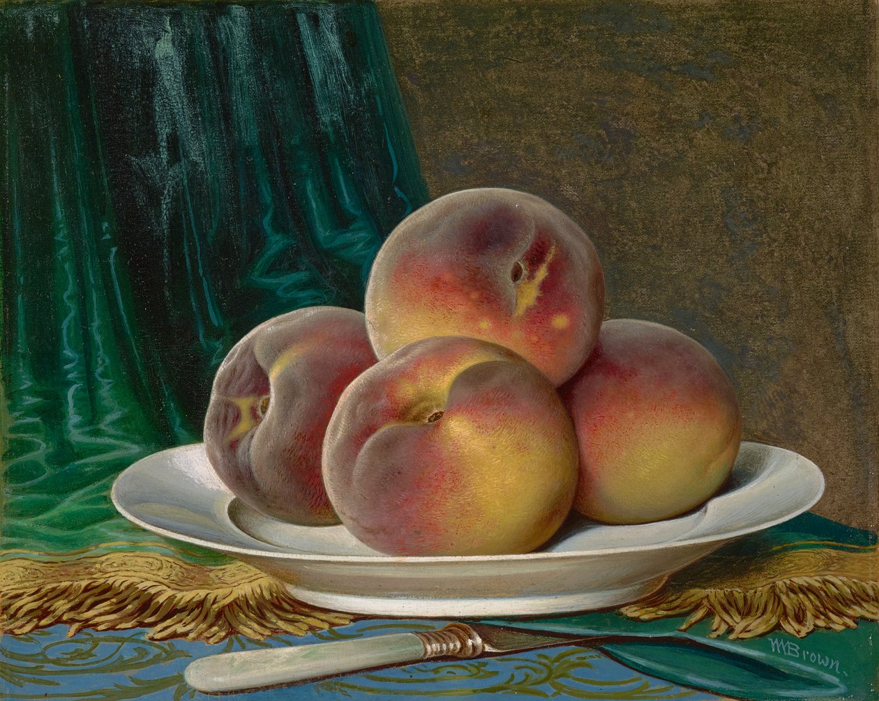 Pêssegos num prato branco de William Mason Brown