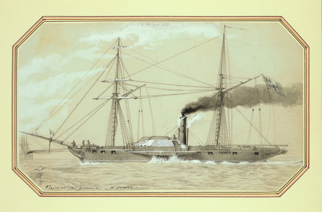 Um navio de guerra a vapor movido a remos (lápis e lápis de lavagem, aumentado com branco) de William McConnell