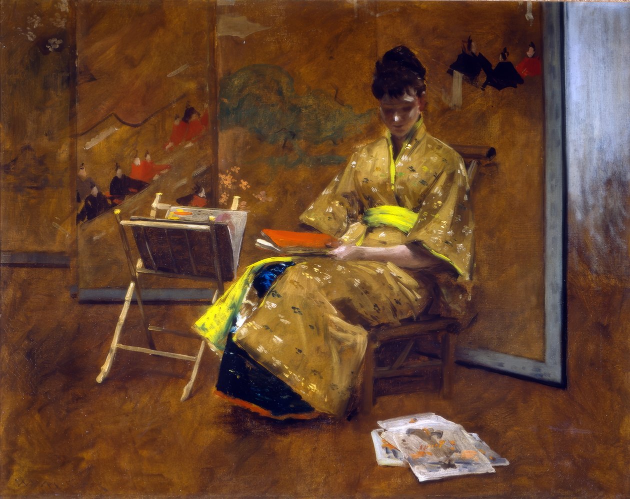 Uma rapariga de vestido japonês. O Kimono ca. 1887. de William Merritt Chase
