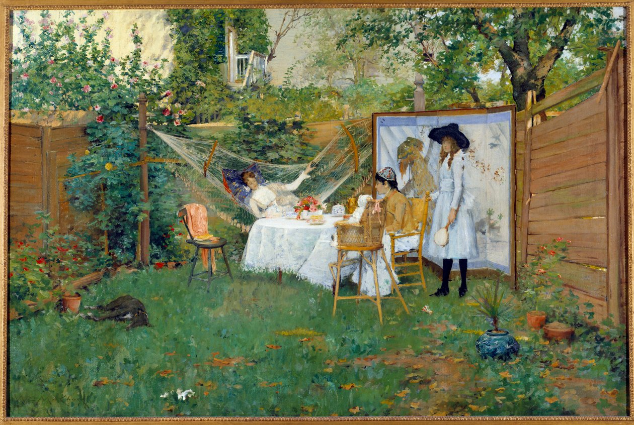 Café da manhã ao ar livre por volta de 1888 As jovens mulheres em um jardim, uma delas está em uma rede. Pintura de William Merritt Chase (1849-1916) 1888 Toledo. Museu de Artes de William Merritt Chase