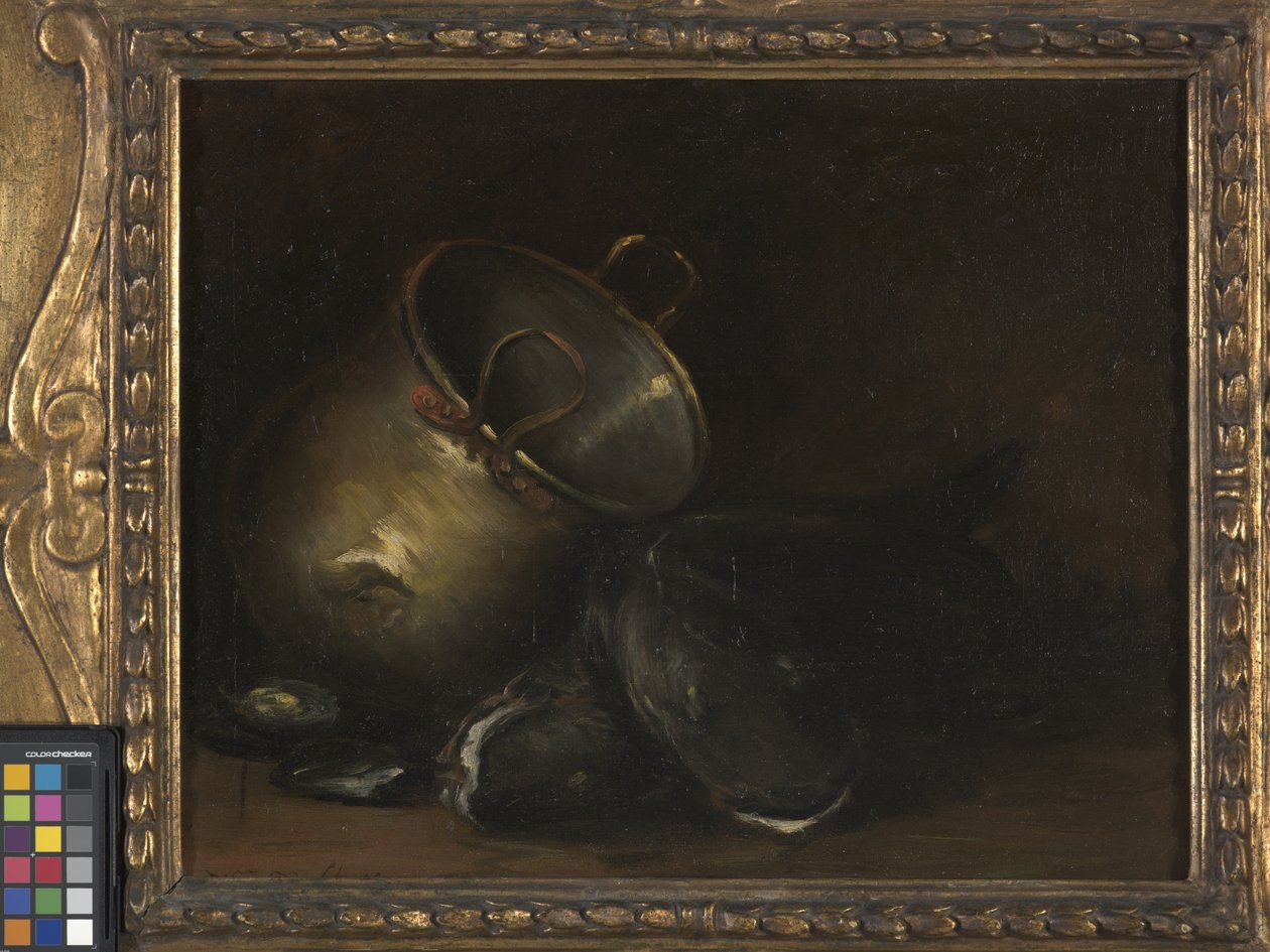 Natureza Morta - Chaleira de Latão e Peixe-Gato (óleo sobre tela) de William Merritt Chase