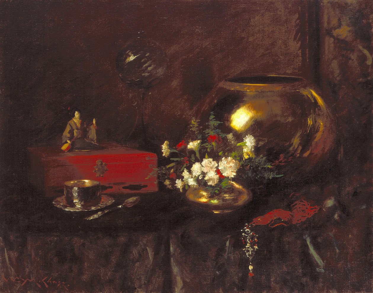 Natureza Morta: Tigela de latão (óleo sobre tela) de William Merritt Chase