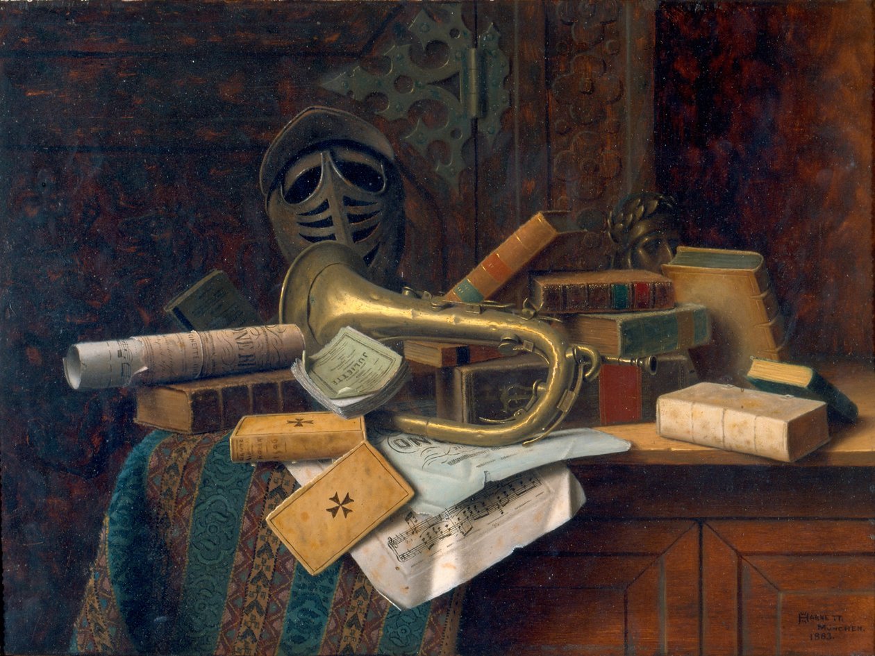 Natureza morta com busto de Dante 1883 (óleo sobre painel) de William Michael Harnett