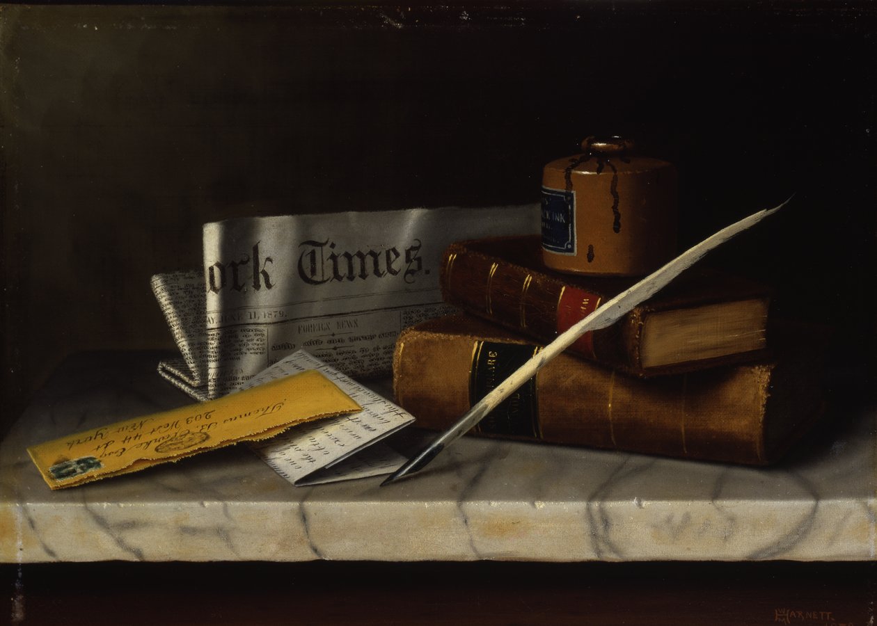 Ainda vida com carta ao Sr. Clarke, 1879 (óleo sobre tela montado em masonite) de William Michael Harnett