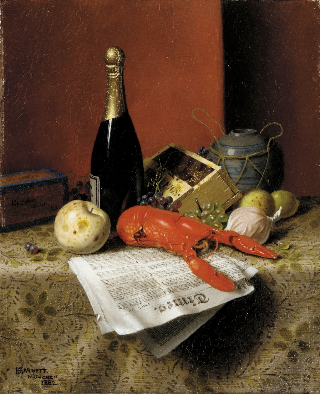 Natureza morta com lagosta, frutas, champanhe e jornal, 1882 de William Michael Harnett