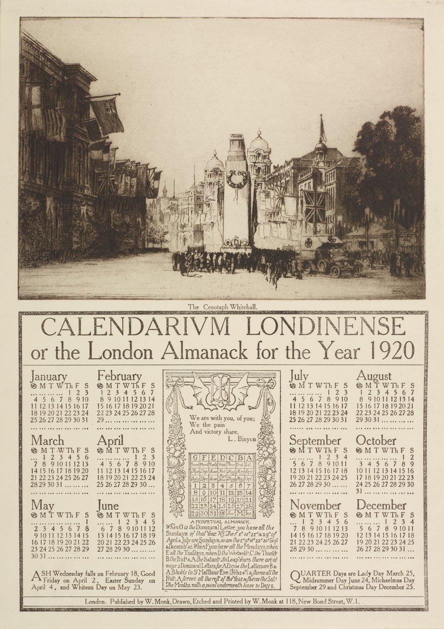 Calendarium Londinense, ou London Almanack de 1920, encimado por uma vista do Cenotáfio, Whitehall, 1919 de William Monk