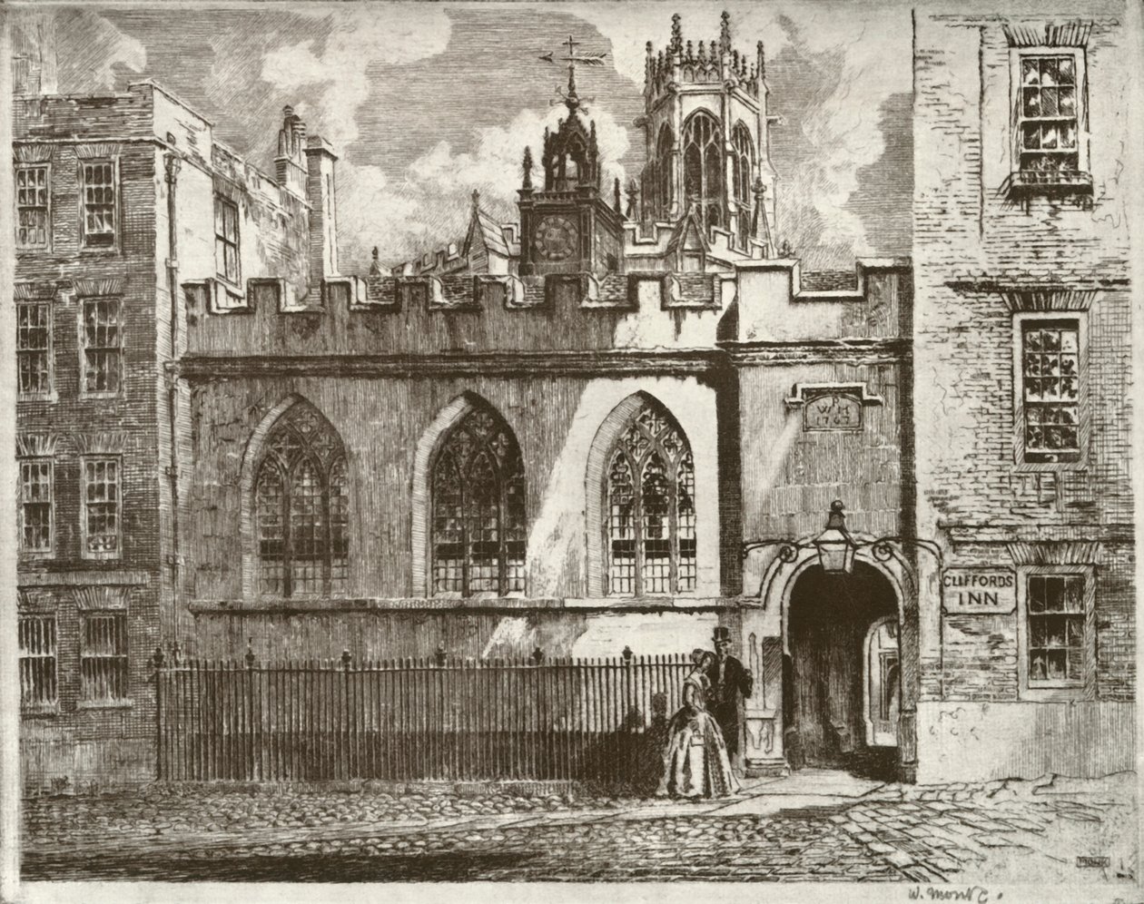 Cliffords Inn Hall e Clock Turret, com a Torre das Lanternas de St. Clement Danes Beyond, 1934. de William Monk