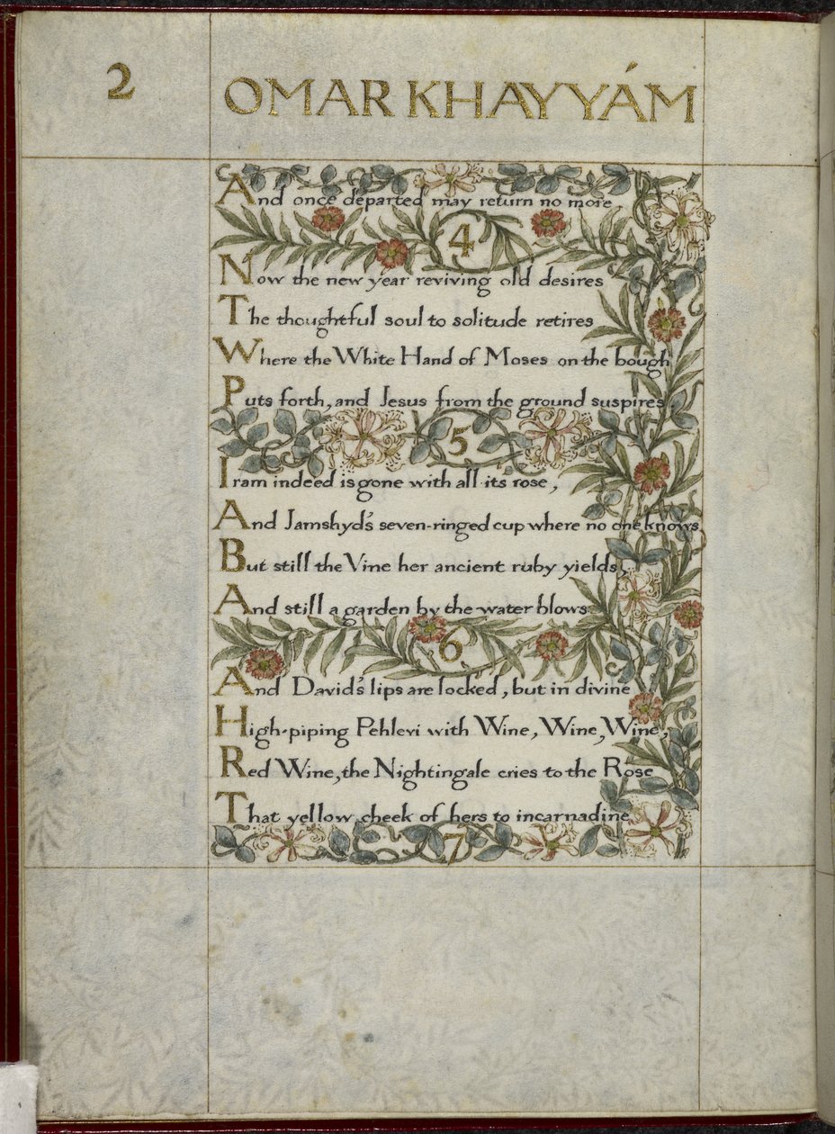 (Fólio inteiro) O Rubaiyat de Omar Khayyam, versos 4 - 6. Caligrafado e decorado por William Morris, com margens de folhagem e flores de William Morris