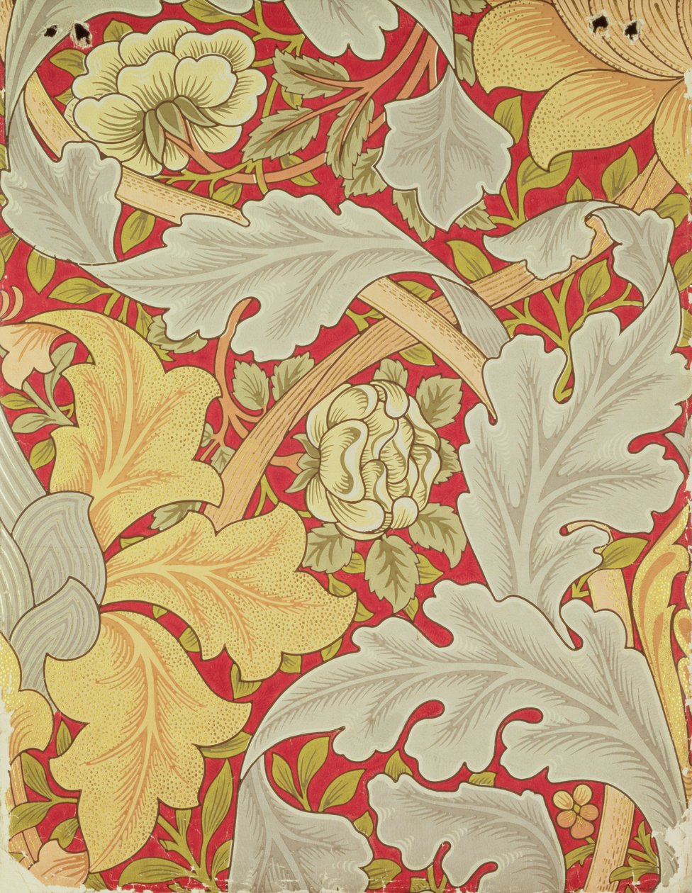 Folhas de acanto e rosa selvagem sobre um fundo carmesim, desenho de papel de parede de William Morris