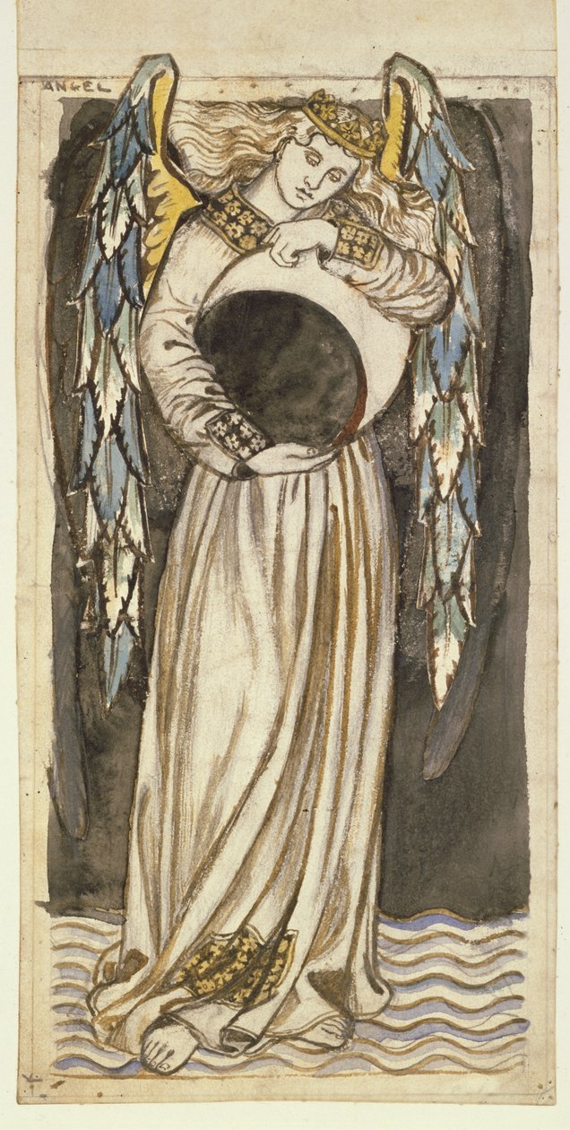 Um Anjo Segurando uma Lua Minguante (lápis e wc no papel) de William Morris