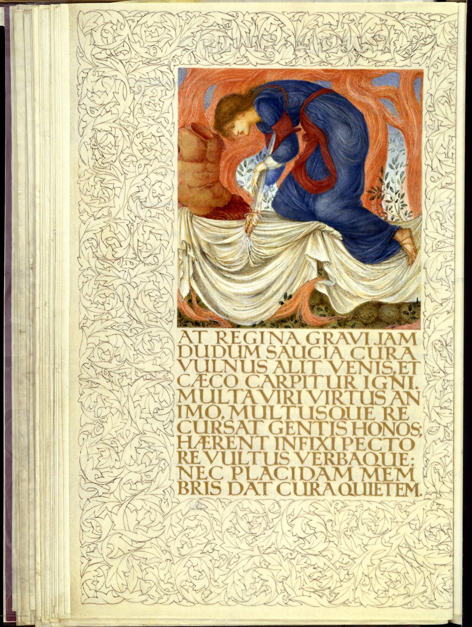 Dido se esfaqueando, abrindo o Livro IV da "Eneida" de Virgílio de William Morris
