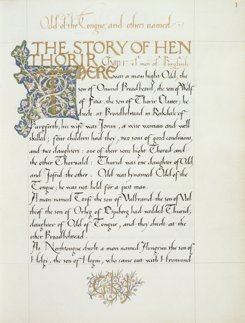 Ms 270 * f.1r A história de Hen Thorir, c.1873-4 (papel) de William Morris