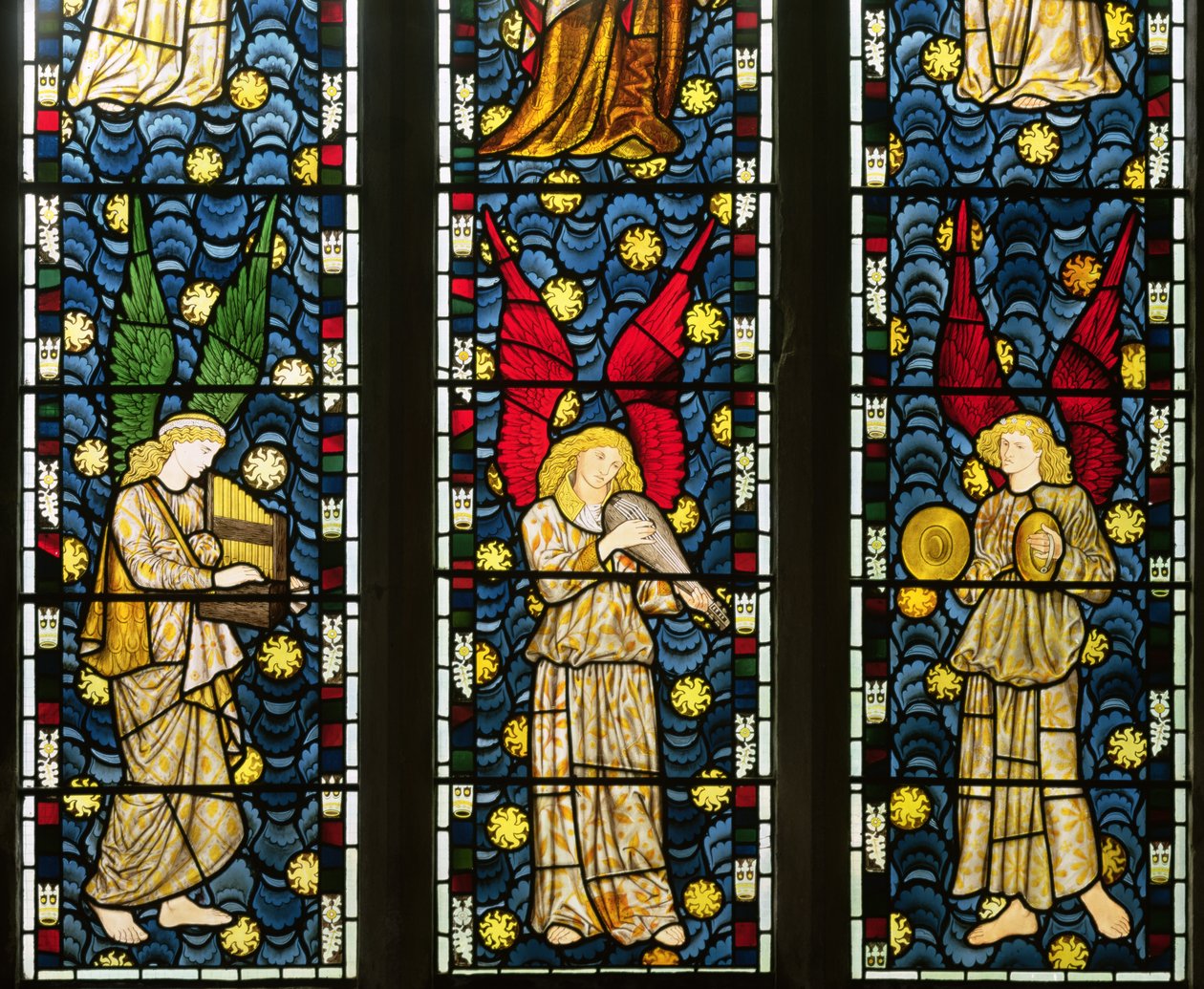 Anjos musicais, detalhe da metade inferior da janela de anjos, detalhe de vidro manchado de 1869 de 120165 de William Morris