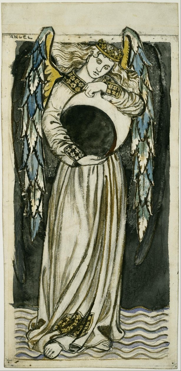Anjo nocturno segurando uma lua minguante de William Morris