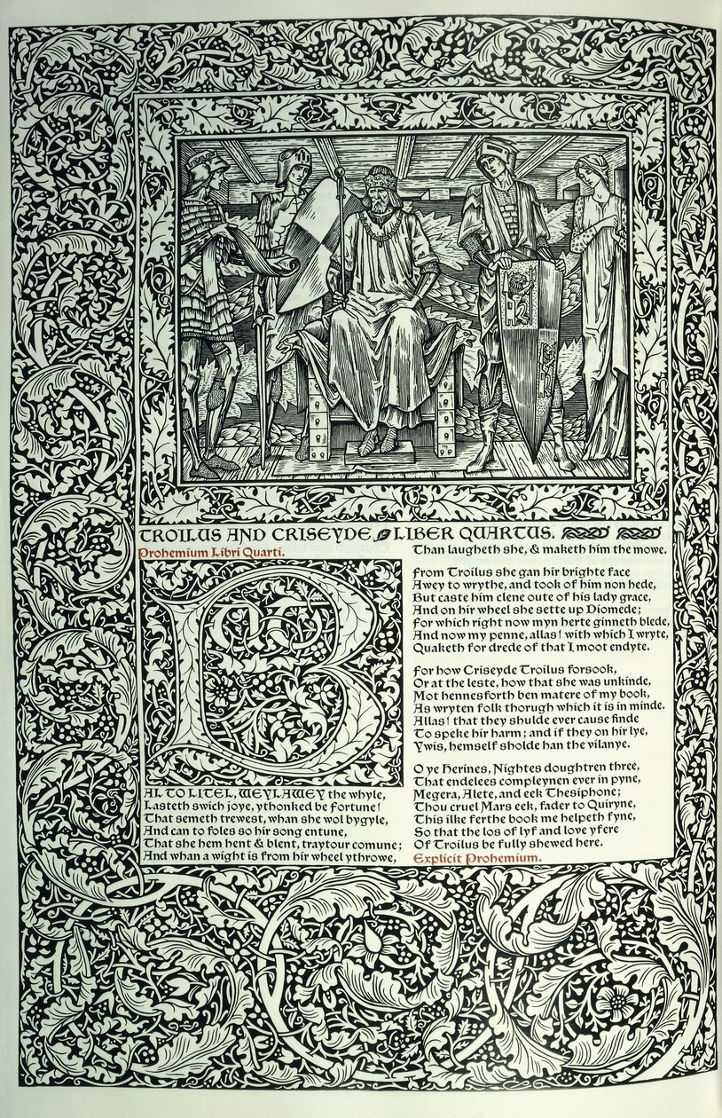 Cena de "Troilus and Criseyde", inicial historiada "B", manuscrito com borda de página inteira, 1896 de William Morris