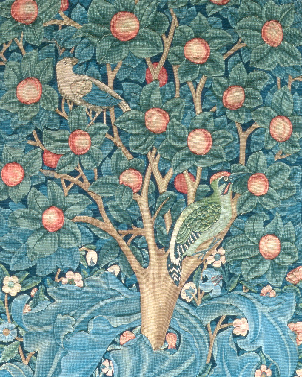 A tapeçaria do pica-pau, detalhe dos pica-paus, tapeçaria de 1885 de William Morris