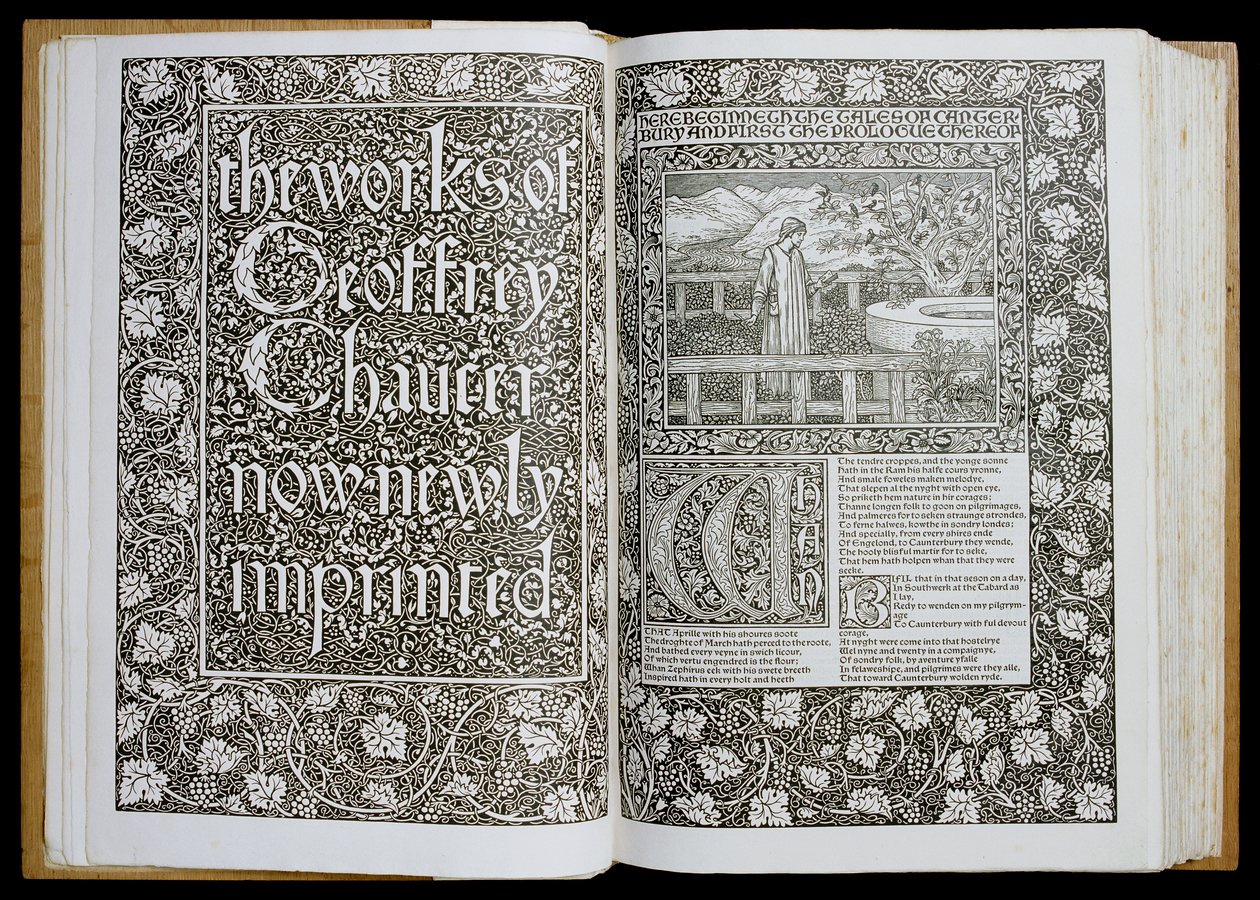 Página de título e frontispício de &39;The Works of Geoffrey Chaucer&39;, publicado em 1896 pela Kelmscott Press (xilogravura) de William Morris